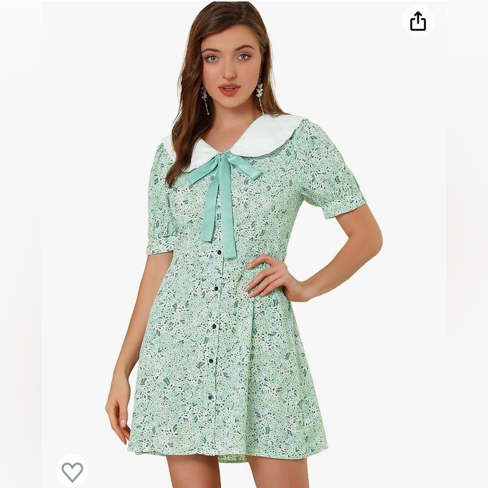 Allegra K Peter Pan Collar Dress Floral Printed Button Short Sleeve Shirt Dress